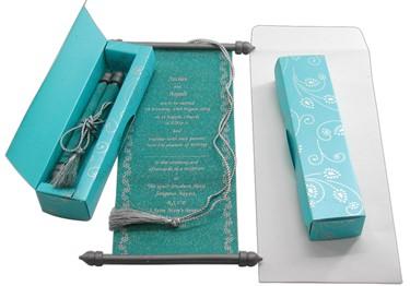 Laced, Bowed & Boxed Scroll Invitations 3.75 x 8.5" Colors Turquoise 