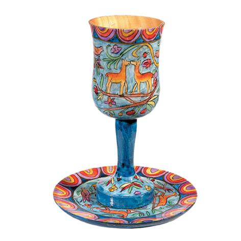 Large Kiddush Cup + Plate - Hand Painted on Wood - Deer 