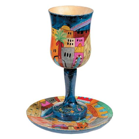 Large Kiddush Cup + Plate - Hand Painted Wood - Jerusalem 