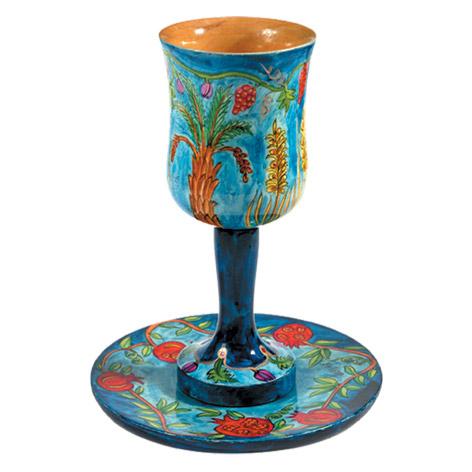 Large Kiddush Cup + Plate - Hand Painted Wood - Seven Species 
