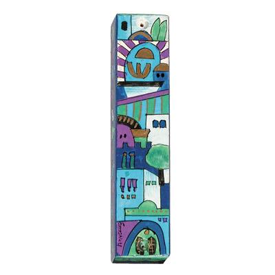 Large Wooden Mezuzah - Jerusalem Blue 