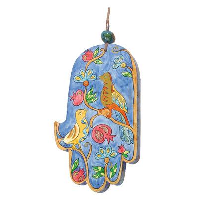 Large Wooden Painted Hamsa - Birds & Pomegranates 