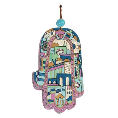 Large Wooden Painted Hamsa - Blue Jerusalem 