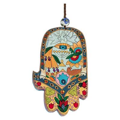 Large Wooden Painted Hamsa - Menorah 