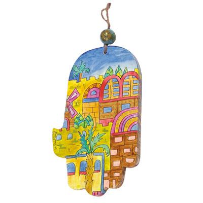 Large Wooden Painted Hamsa - Modern Jerusalem 