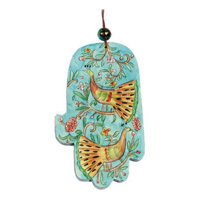 Large Wooden Painted Hamsa - Peacock 