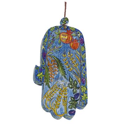 Large Wooden Painted Hamsa - Seven Species 