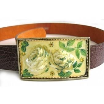 Leather Belt With Decorative Buckle- White Roses 