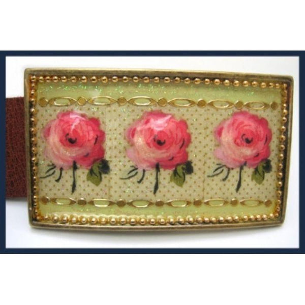 Leather Belt With Red Roses Painted Buckle. 
