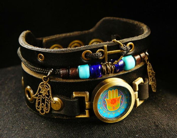 Leather Hamsa Protective Charm Bracelet For Him 