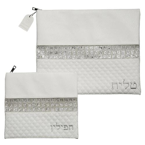 Leather Like Talit - Tefilin Set 36*29 Cm With Embroidery - White 3943 