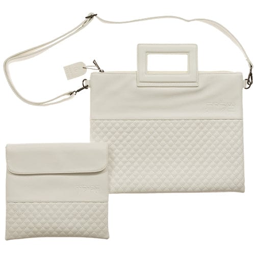 Leather Like Talit & Tefilin Set 38*31 Cm With Handles- White Tallit and Tefillin Bags 