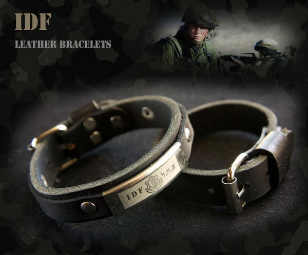 Leather Military Bracelet With Idf - Israel Defense Forces - Amulet And Adjustable Buckle For Her 