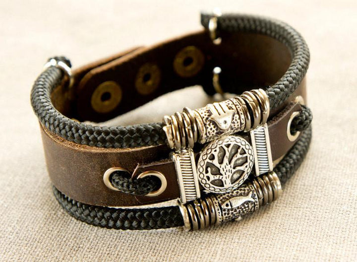 Leather Tree Of Life Bracelet With Hamsa And Fish 