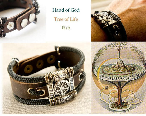 Leather Tree Of Life Bracelet With Hamsa And Fish For Him 