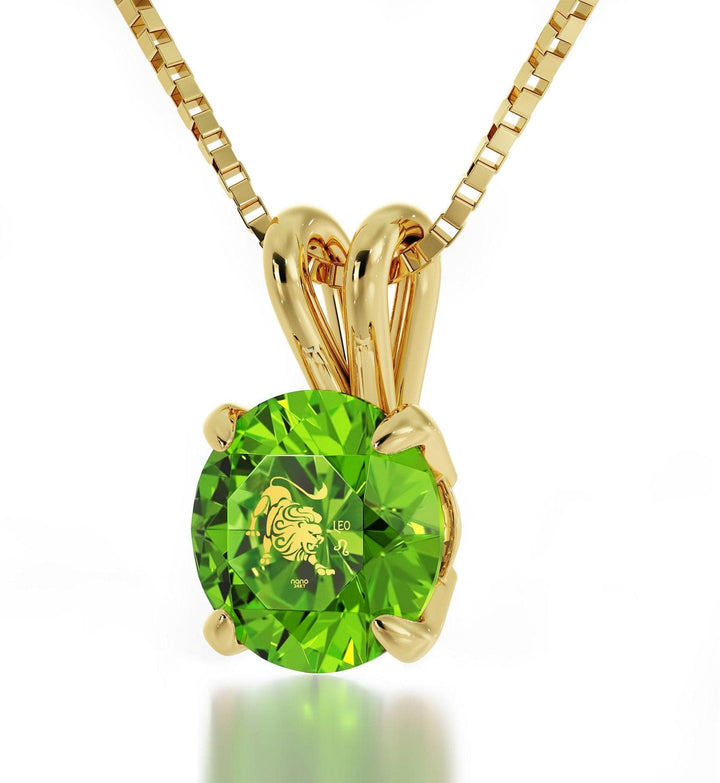 Leo Sign, 14k Gold Necklace, Swarovski Necklace Light Green Peridot 