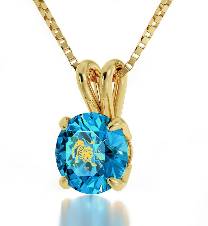 Leo Sign, 14k Gold Necklace, Swarovski Necklace Turquoise Blue-Topaz 