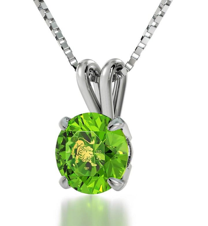 Leo Sign, 14k White Gold Necklace, Swarovski Necklace Light Green Peridot 