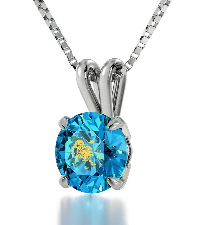 Leo Sign, 14k White Gold Necklace, Swarovski Necklace Turquoise Blue-Topaz 