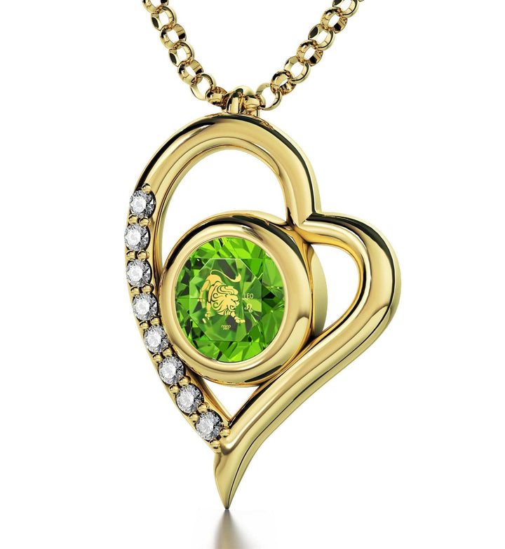 Leo Sign, Sterling Silver Gold Plated (Vermeil) Necklace, Swarovski Necklace Light Green Peridot 
