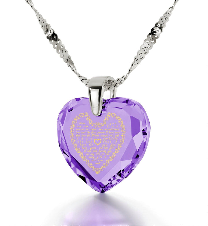 Letter to Mom, 14k White Gold Necklace, Zirconia Necklace Violet Light Amethyst 