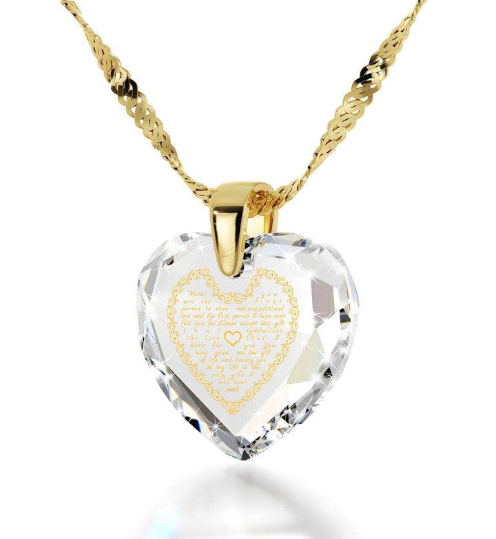 Letter to Mom, Sterling Silver Gold Plated (Vermeil) Necklace, Zirconia Necklace Clear Crystal 
