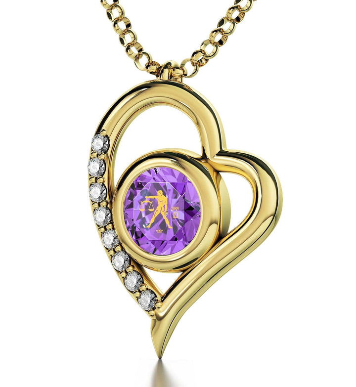 Libra Sign, 14k Gold Diamonds Necklace, Swarovski Necklace Violet Light Amethyst 