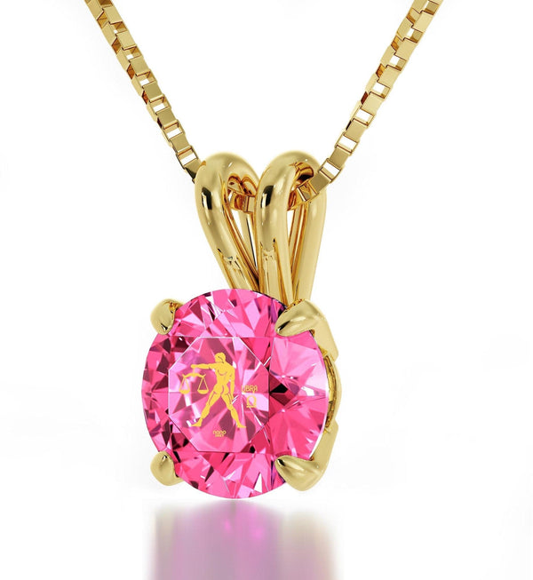 Libra Sign, 14k Gold Necklace, Swarovski Necklace Pink Rose 