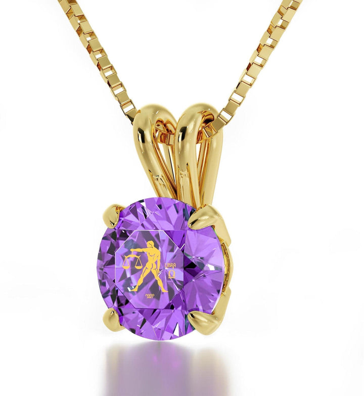 Libra Sign, 14k Gold Necklace, Swarovski Necklace Violet Light Amethyst 