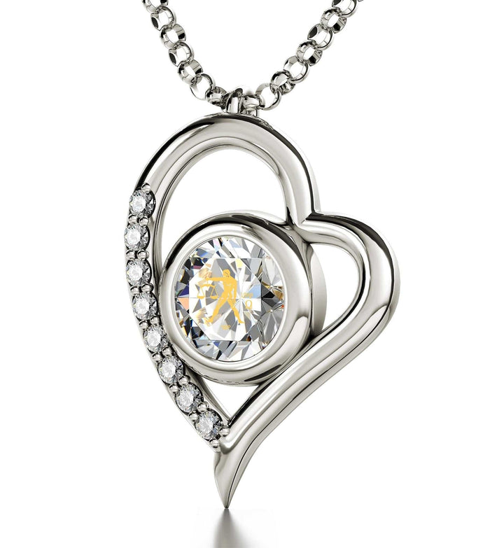 Libra Sign, 14k White Gold Diamonds Necklace, Swarovski Necklace Clear Crystal 