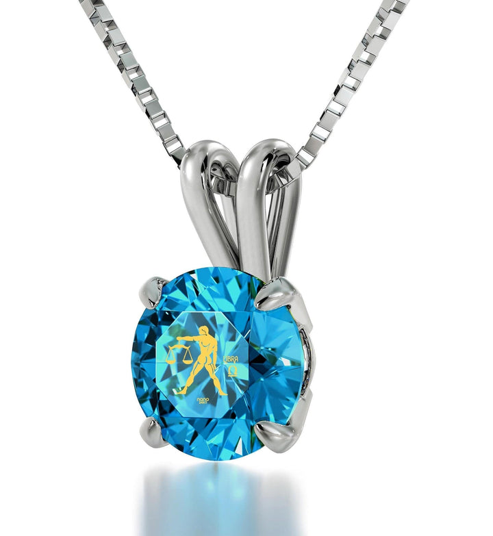 Libra Sign, 14k White Gold Necklace, Swarovski Necklace Turquoise Blue-Topaz 