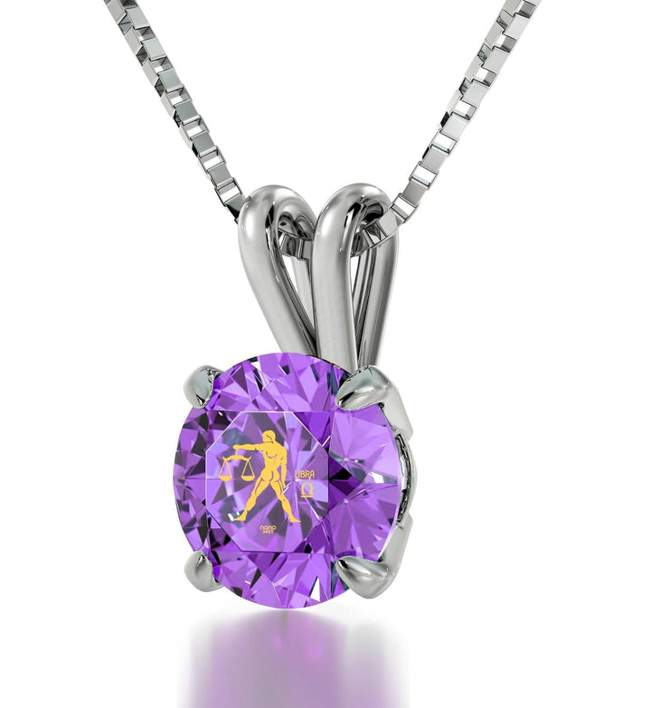 Libra Sign, 14k White Gold Necklace, Swarovski Necklace Violet Light Amethyst 