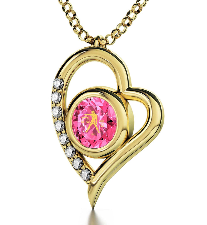 Libra Sign, Sterling Silver Gold Plated (Vermeil) Necklace, Swarovski Necklace Pink Rose 