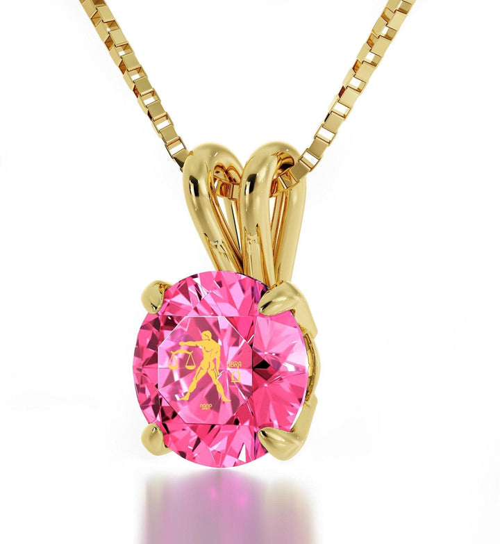 Libra Sign, Sterling Silver Gold Plated (Vermeil) Necklace, Swarovski Necklace Pink Rose 