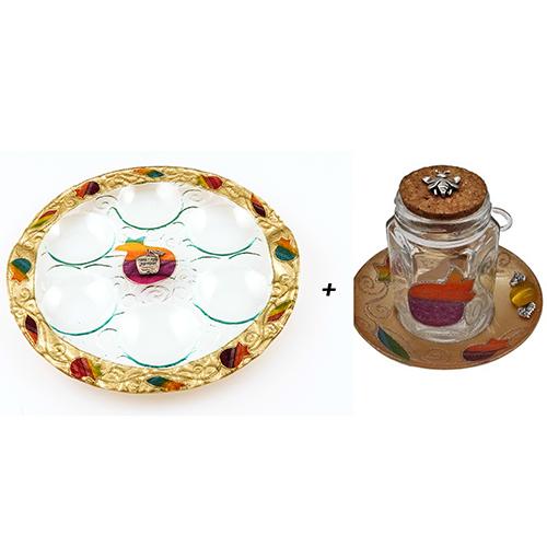 Lily Art - 1001-Sale !! A set Rosh Hashanah, a plate of signs + honey dish Judaica Art Gifts 