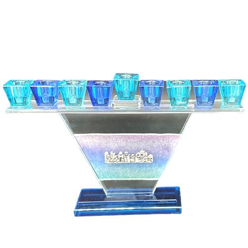 Lily Art - 10065-Blue trapezoidal crystal menorah Jerusalem Design Judaica Art Gifts 
