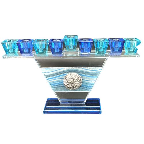 Lily Art - 10066-Light blue crystal trapezoid menorah Jerusalem Design Judaica Art Gifts 
