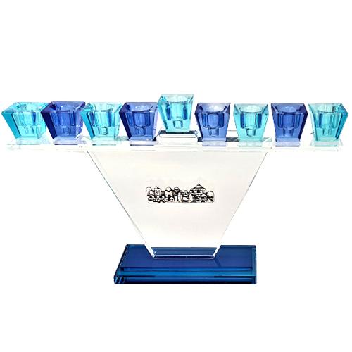 Lily Art - 10067-Light blue crystal trapezoid menorah Jerusalem Design Judaica Art Gifts 