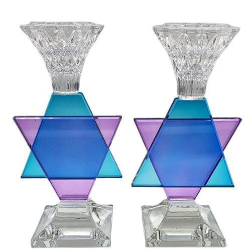 Lily Art - 10095-crystal candlesticks magen david bluepink Judaica Art Gifts 