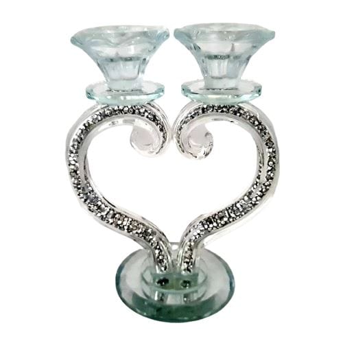 Lily Art - 10151-Heart-shaped crystal candlestick with silver stones 18 cm Judaica Art Gifts 