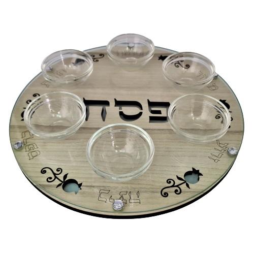 Lily Art - 101630-5 - Wooden and glass Passover plate 33 cm including flasks Judaica Art Gifts 