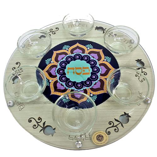 Lily Art - 101630 - Wooden and glass Mandala Passover plate 33 cm including flasks Judaica Art Gifts 