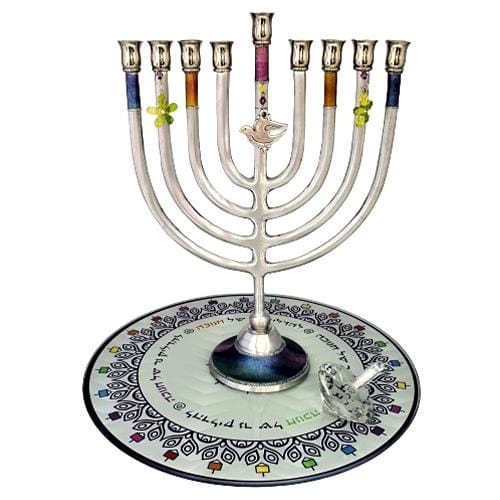Lily Art - 1204-s a l e!! Large designed menorah + Lighting tray + Dreidel Judaica Art Gifts 
