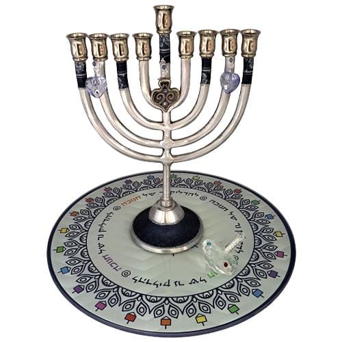Lily Art - 1207-s a l e!! Medium menorah + Lighting tray + Dreidel Judaica Art Gifts 