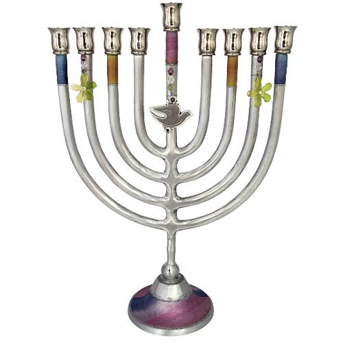 Lily Art - 1802-Large classic menorah 32 cm pastel shades pigeon pendant Judaica Art Gifts 