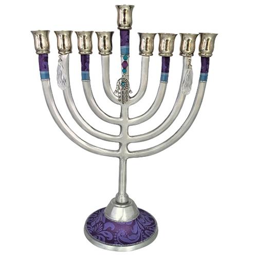 Lily Art - 1812-Medium-sized classi cMenorah aluminum in purple with a hamsa pendant Judaica Art Gifts 