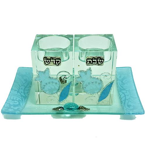 Lily Art - 20061-crystal candlestick light blue pomegranate tray Judaica Art Gifts 