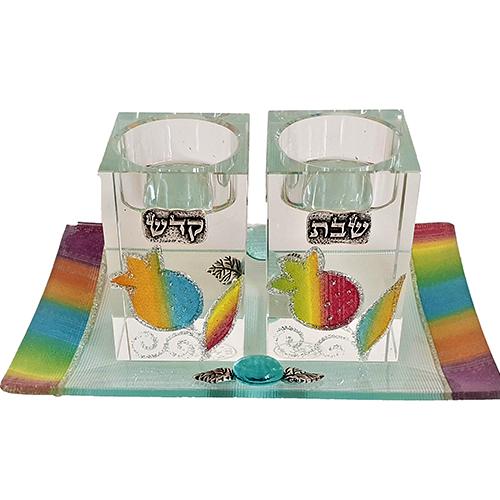 Lily Art - 20063-crystal candlestick colorful pomegranate with tray Judaica Art Gifts 
