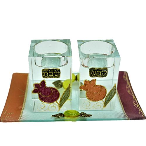 Lily Art - 20064-crystal candlestick red pomegranate tray Judaica Art Gifts 