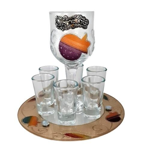 Lily Art - 50711- Kiddush Set Liquer Cups with Round Tray And Kiddush Cup 20x17 c"m Judaica Art Gifts 
